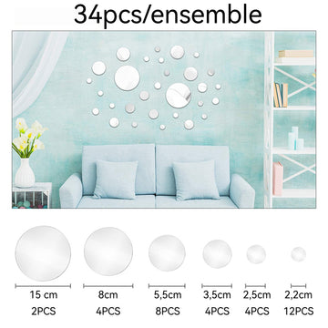 Miroir mural 34 PCS miroir rond autocollant 3D amovible en acrylique décoratif et créatif en verre souple miroir adhesif mural